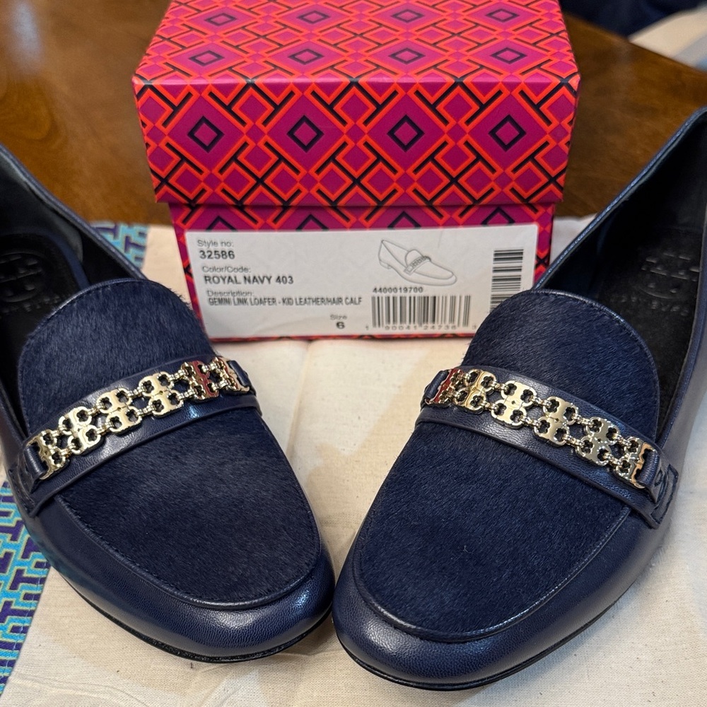 Tory Burch Royal Navy Gemini Leather/Brushed Hair  Loafers with Gold Detail - Picture 6 of 9